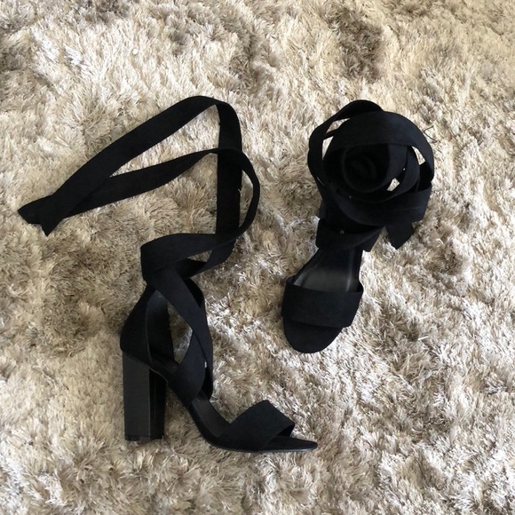 boutique Shoes - So Me Black Ballerina Wrap Chucky Heel Sandals